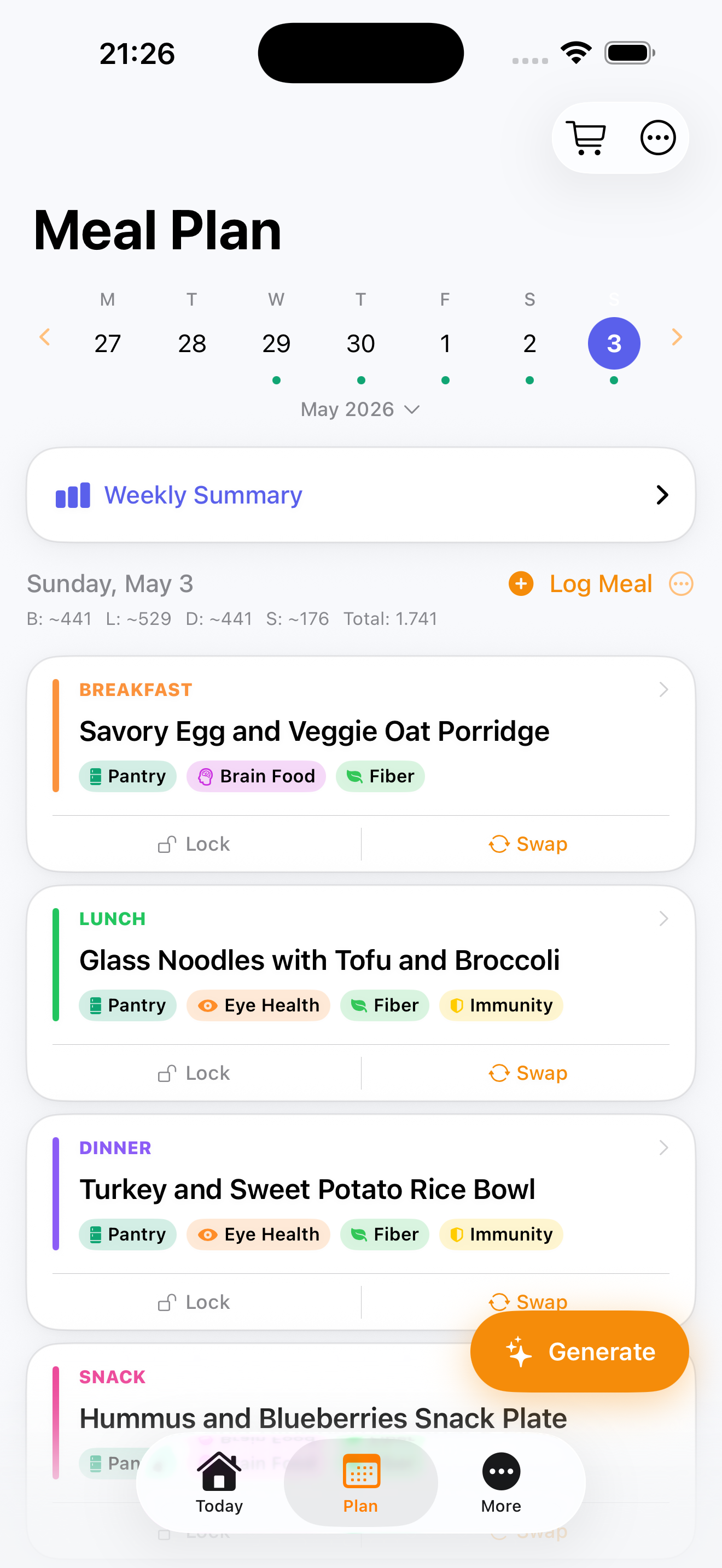 Miriel AI meal planning screen