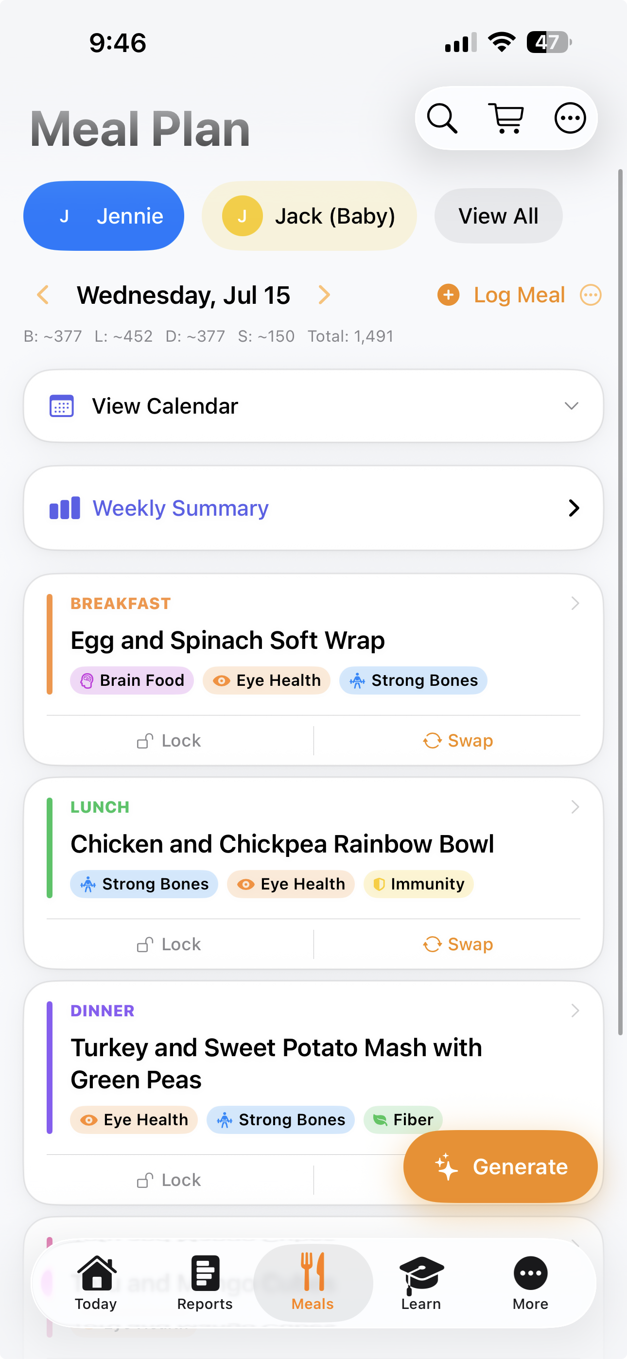 Miriel AI meal planning screen