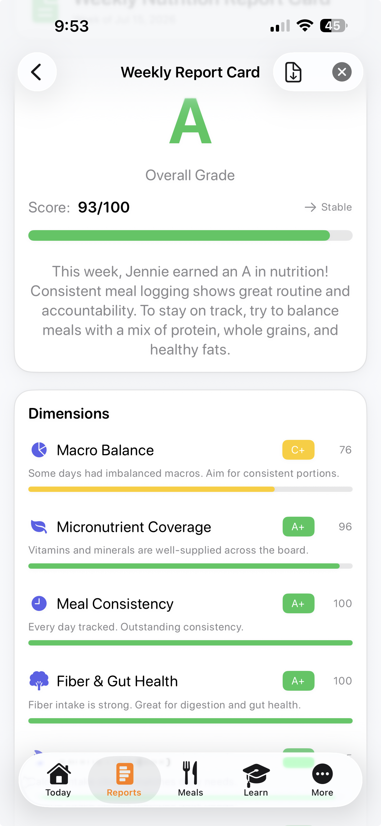 Miriel AI weekly nutrition report card